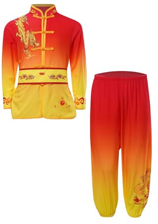 Yeahdor Kinder Jungen Mädchen Kong Fu Kleidung Set Tai-Chi-Uniform Chinesische Kampfkunst Kleidungsset Kampfsport Kostüme Rot Gelb 146-152