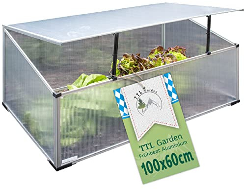 TTL GARDEN Frühbeet Aufsatz 100 x 60 x 40cm - Alu & Polycarbonat Hochbeet | - Kasten Mini Gewächshaus Frühbeetkasten 100 cm lang 60 cm breit Wärme & Schutz für Pflanzen im Frühjahr Deckel einstellbar