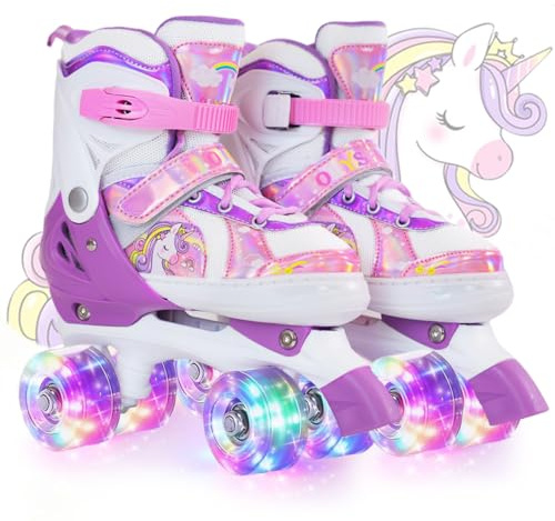 OLYSPM Rollschuhe Mädchen,Rollschuhe Kinder,4 Größen Einstellbare Rollschuh mit 8 Blinkenden Rädern für Jungen,Mädchen,Anfänger