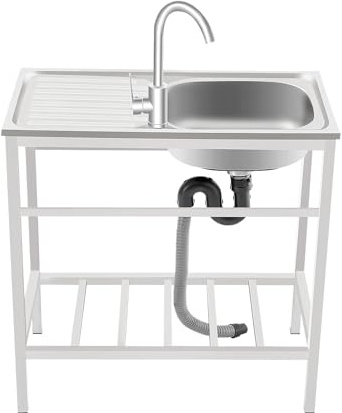 BRRIDE Outdoor Spüle Freistehend Waschbecken, Edelstahl Spültisch Küchenspüle 1 Becken mit Warm- und Kaltwasserhahn & Unterschrank, Spülenschrank mit Arbeitsplatte für Restaurant, Küche, Garage