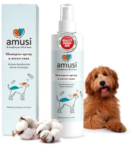 amusi Spray für Hunde 250 ml Made in Italy - Hundeshampoo gegen Juckreiz im Spray ohne Ausspülen, hypoallergen, pflegt und beruhigt das Fell Ihres Hundes, pH-neutral, vegan - Flohshampoo für Hunde