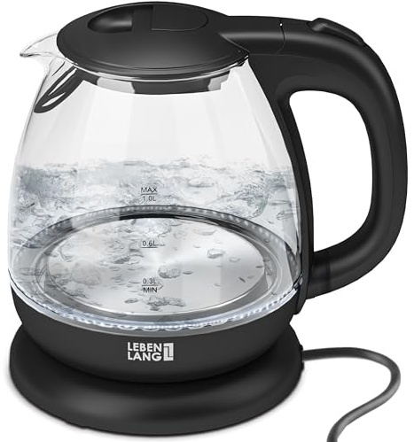 Glas Wasserkocher klein - 1L Inkl. Kalkfilter I By LEBENLANG I BPA-Frei Wasserkocher Glas 1 Liter Glaswasserkocher Kleiner Wasserkocher Camping Reisewasserkocher Reise Mini Wasserkocher für unterwegs