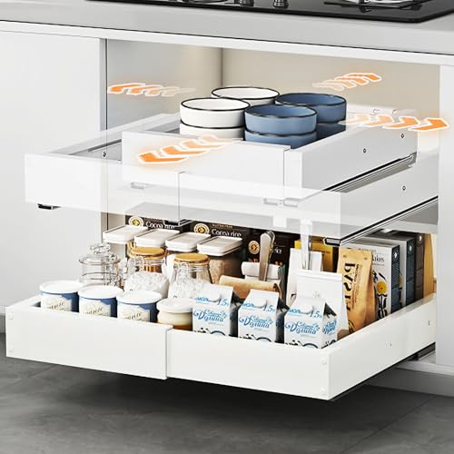 HONZUEN 2 Ausziehbare Schublade Küche, verstellbare Teleskopschublade | 4-fach verstellbar | Klebe- oder Schraubmontage | Bis 25 kg Tragkraft | Carbonstahl, rostfrei | 29–48 × 41,5–55 cm | Weiß