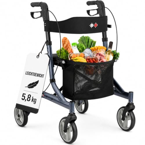 Bischoff & Bischoff Capero Rollator, faltbar – Leichtgewicht-Rollator für drinnen und draußen, Gehwagen mit Rücken-Gurt, Stockhalter und abnehmbarer Netz-Tasche, Nachtblau