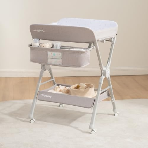 Maydolly Wickeltisch klappbar & höhenverstellbar, mobiler Wickeltisch mit Rollen, wasserdichte und leicht zu reinigende Wickelauflage, platzsparende Wickelkommode mit Ablagefächern – Grau