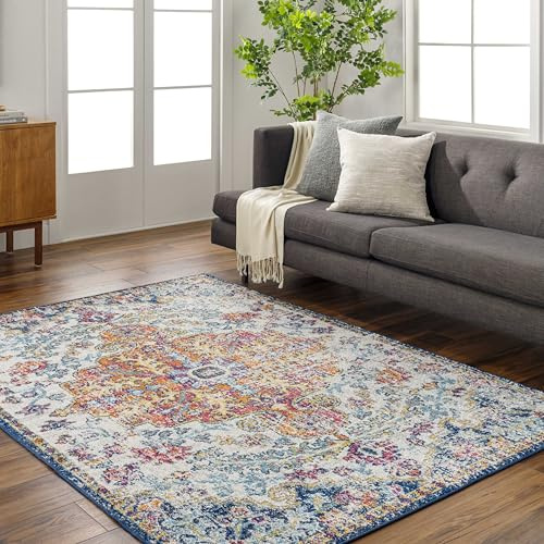 Livabliss Asmara Vintage Teppich groß - Teppich Wohnzimmer 160x220 cm, Esszimmer, Schlafzimmer, Orientalischer Teppiche Boho Style - Carpet Living Room, Bunter Muster, Blau und Orange