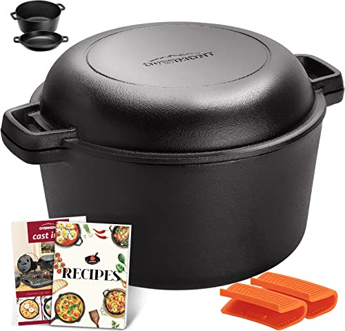 Overmont Gusseisen Topf Dutch Oven einsatzfertig eingebrannt Doppelfunktion Deckel/Bratpfanne für Küche Camping Garten BBQ Backen Gasgrill