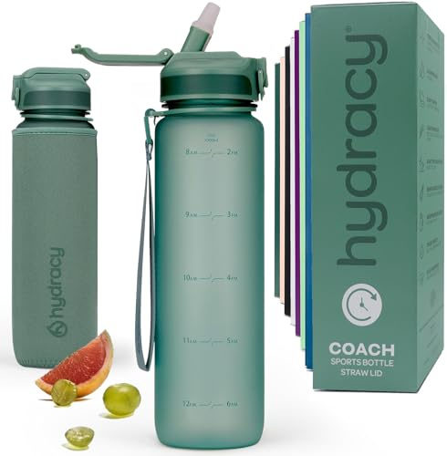 Hydracy Trinkflasche mit Strohhalm und Zeitmarkierung - 1L Wasserflasche - BPA-freie Trinkflasche - Auslaufsichere Sportflasche - Kondensationsfrei für Sport und Outdoor