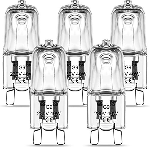 RuLEDne G9 Halogenlampen Backofenlampe 40W, Klare Kapsel G9 Halogen Glühbirnen Warmweiß 2700K, 230V 300°C Hitzetolerante Glühbirnen für Backofen und Mikrowellenherd, 5er-Pack