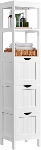 Yaheetech Hochschrank, Badezimmerschrank Aufbewahrungsschrank, mit 3 Schubladen und 2 offenen Fächern, schmales Badmöbel Badregal, 30 × 30 × 142 cm, Weiß