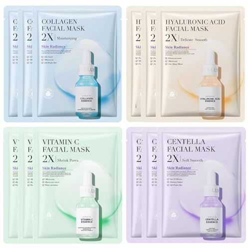 JORUN 12 Stück Gesichtsmaske Frauen Set - Koreanische Tuchmasken Gesicht Feuchtigkeitsspendend,Anti-Aging,Aufhellend Face Mask Skincare - für Alle Hauttypen Vegan Tuchmaske