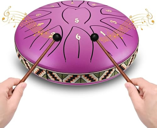 VAYOTOY Rain Drum Zungentrommel 6 Zoll 11 Noten C-Key Stahlzungentrommel Percussion Instrument Handpan Drum mit Tragetasche, Musikbuch, Schlägel, Fingerpicks für Geschenke, Meditation (Lila)
