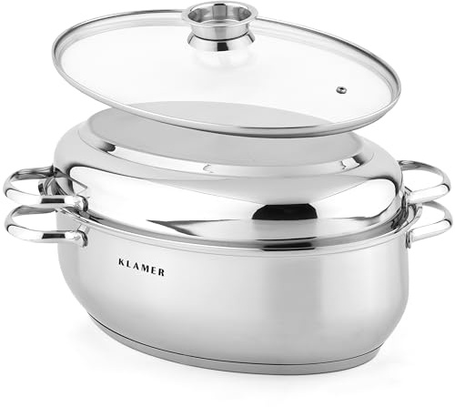 KLAMER Bräter mit zwei Deckeln 41 cm, backofengeeignet, 8,5L XXL Bräter mit Deckel, mit 4L Deckelpfanne, extra Glasdeckel, für alle Herdarten inkl. Induktion, Edelstahl