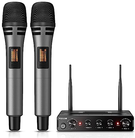 TONOR Dual Funkmikrofonen System kabellos, drahtloses Karaoke Mikrofon Set Wireless Microphone Handmikrofon dynamisch mit Empfänger, 60m für Hochzeit Party Kirche Vortrag Bühne Reden TW350 Grau
