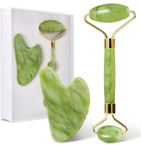GUGUG Jade Roller und Gua Sha Set aus Naturstein für Gesicht und Hals Grün | Kühlendes Massage-Set für Gesicht,Augenpartie und Hals;ideal für Pflegerituale,Face Yoga und das Auftragen von Hautpflege.