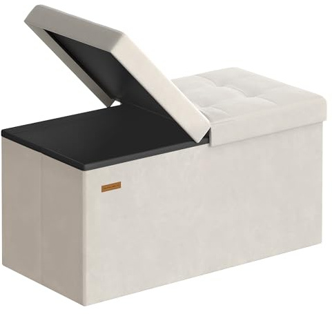 SONGMICS Sitzbank mit Stauraum, Sitztruhe, Aufbewahrungsbox, 38 x 76 x 38 cm, Deckel klappbar, bis 300 kg belastbar, Flur Wohnzimmer Schlafzimmer, Samt, cappuccinobeige LSF048LH01