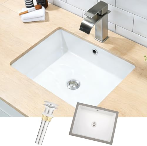 Weißes Keramik Unterbauwaschbecken 50x38x18 cm Rechteckig mit Überlauf - Einbauwaschbecken für Badezimmer & Gäste WC, inkl. Pop-up Ablauf Edelstahl