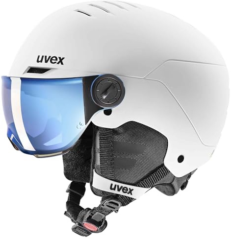 uvex Rocket jr Visor - robuster, optimal belüfteter Skihelm mit beschlagfreiem Visier für Kinder - White - Black matt - 51-55 cm