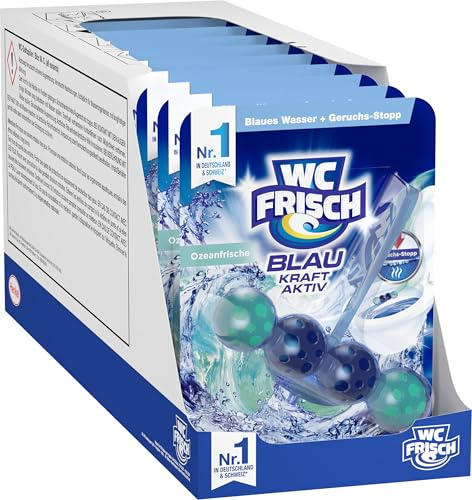 WC FRISCH Kraft Aktiv Blauspüler Ozeanfrische (10er Pack), WC Reiniger mit innovativer Geruchs-Stopp-Formel, Duftsteine für extra Frische und eine sichtbare Reinigung
