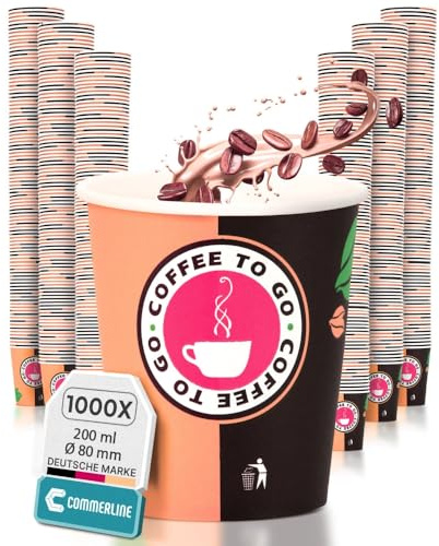Commerline Kaffeebecher To Go Pappe – 1000 Stück, 200 ml (8 oz) | Einweg-Pappbecher für Kaffee & Tee | Einwegbecher zum Mitnehmen | Papierbecher Für Heiß- & Kaltgetränke | Kaffeetasse