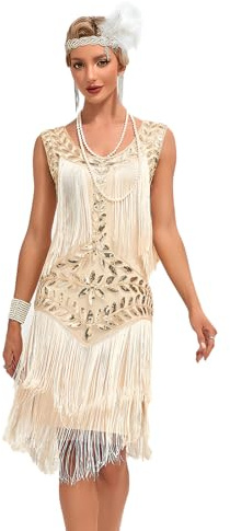 JIAHG 1920er Jahre Kleid Fransen Kleid Vintage Pailletten Cocktailkleid Elegant 20s Abendkleid Retro formelles Bankett Tanzkostüm Frauen (DE/NL/SE/PL, Alphanumerisch, L, Regular, Regular, Aprikose)