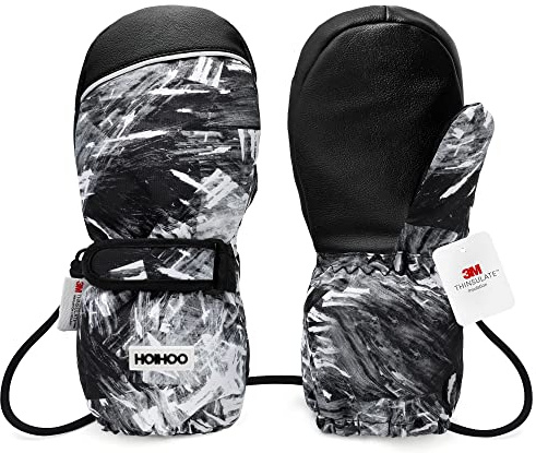 HOIHOO Ski-Fäustlinge für Kinder, wasserdicht, Thinsulate-Fäustlinge, Kleinkinder, warm, Winter, Ski-Handschuhe mit Schnur für Jungen und Mädchen