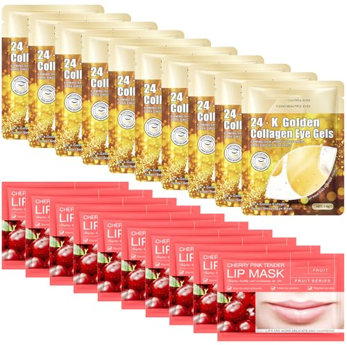 30 Stück Lippenmasken & 24K Gold Augenpads，Eyes Patches mit Niacinamid, Anti-Falten+Kollagen & Hyaluron ，Augenpads gegen Augenringe ，Tränensäcke und Falten ，Essence Lip-Maske für hydratisierte Lippen