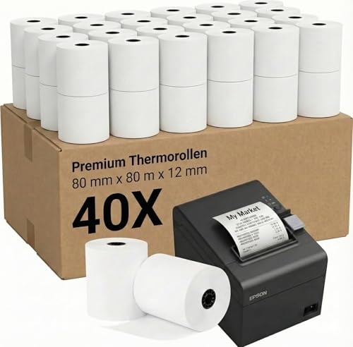 40x Thermorollen 80mm x 80mm x 12mm - Bonrollen für Bondrucker - Geeignet für Epson, IBM, Metapace & Samsung - BPA-frei, weiß - Kassenrollen Premium Papier