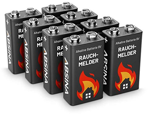 9V Blockbatterie Rauchmelder - 8er Pack Alkaline 9V Batterie langlebig & auslaufsicher - 9 Volt Blockbatterie für Feuermelder, Bewegungsmelder & Rauchwarnmelder - Rauchmelder Batterie ABSINA