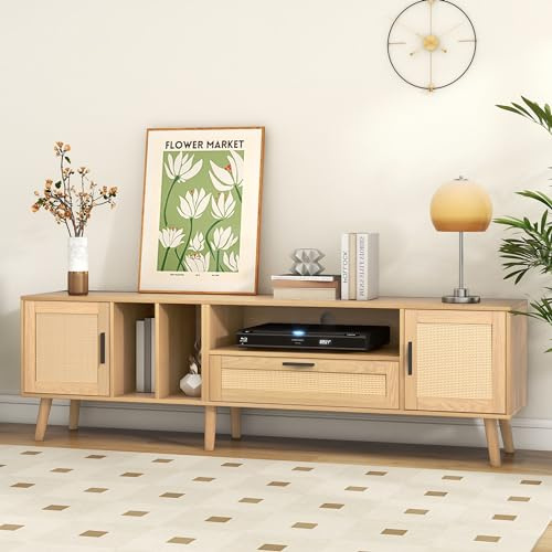 Merax TV Schrank 180 cm, Rattan Lowboard für 80-Zoll-Fernseher, Fernsehtisch mit 2 Türen, 1 Schublade, 3 offener Stauraum, Beine aus Massivholz, Rustikaler Sideboard, für Wohnzimmer Esszimmer, Eiche