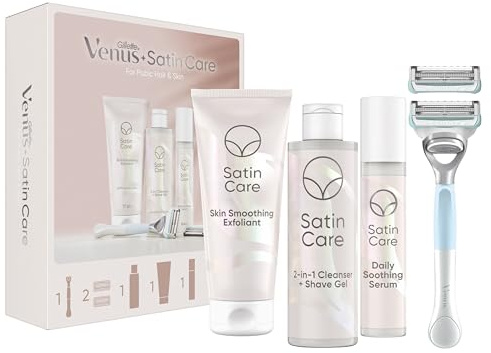 Gillette Venus + Satin Care für den Intimbereich Rasierer Damen und Geschenkset, Damenrasierer Intimbereich + 2 Rasierklingen, Peeling, 2-in-1 Reinigungs- und Rasiergel, Serum