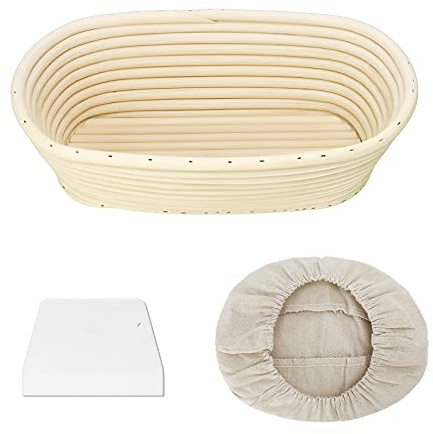 Clheatky Gärkörbchen Oval, 25 x 15 x 8cm Gärkorb zum Brotbacken Set, Aus Natürlichem Peddigrohr mit Schaber und Leinen, Gärkörbchen für Brot Backen