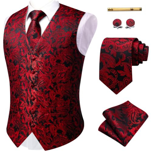 YourTies Weste für Herren, Seide, Jacquard, Blumenmuster, Paisleymuster, Krawatte, Einstecktuch, Manschettenknöpfe, Krawattenklammer, Hochzeit, formelle Anlässe