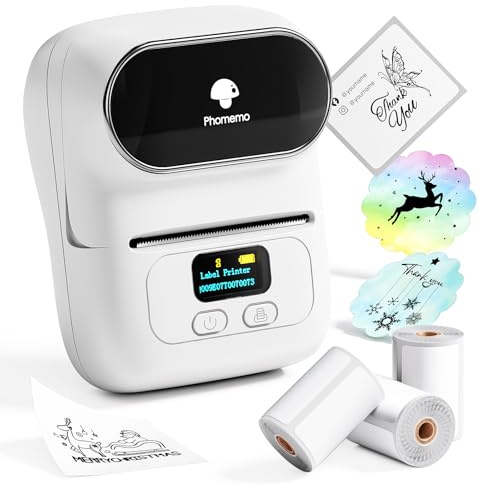 Phomemo M110 Etikettendrucker Selbstklebend Bluetooth mit 3 Etikettenrollen | Barcode Etikettendrucker für Einzelhandel, Schule, Heim, Büro und kleine Unternehmen, Label Printer für Telefonen & PC, Weiß