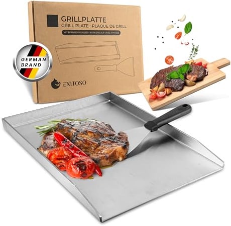 Exitoso Grillplatte 30x40cm | Plancha Mit Grillspachtel | Gasgrill Aus Dickem & Rostfreiem Edelstahl | 4mm Dicke | Universalgröße, Silber