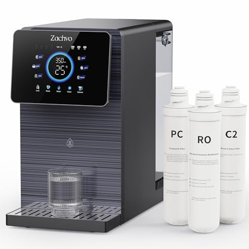 ZACHVO Puri V12 Auftisch Osmoseanlage mit Heißwasserspender, 3 Filter 6-Wege-Filterung, 6 Temperaturstufen, kalkfreier mobiler Trinkwasserfilter für Küche, Büro, kein Wasseranschluss
