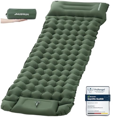 HAUSPROFI Isomatte Camping, 10cm Ultraleicht Camping Luftmatratze mit Fußpumpe & Kissen, Aufblasbare Matratze Kompakte und Leichte, Campingmatte für Wandern Strand Outdoor, Armeegrün
