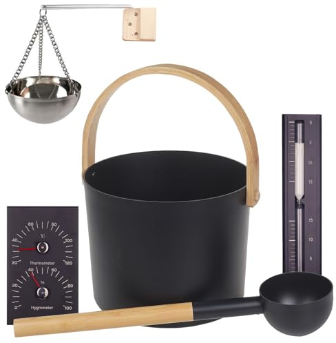 Saunakübel Set, 7L Aluminium Sauna Eimer mit Sanduhr, Saunaschale, Saunakelle, Thermo & Hygrometer, Sauna Zubehör Set Aufgusseimer Set für Badezimmer und Hotelbadewanne