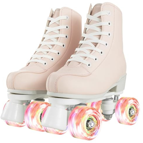XUDREZ Roller Skates Women Girls Light Up Roller Derby Skates Double Row Pink Roller Skates for Youth Adult Beginner Indoor Outdoor