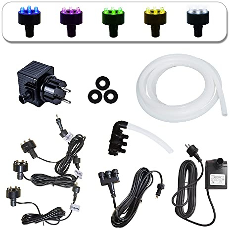 Köhko komplett Pumpe Set 1500L/H für Springbrunnen Gartenbrunnen inkl. 3 LED-Beleuchtung (Warmweiß), 3 Wege Wasserverteiler, Schlauch, 5m Verlängerungskabel, Tarfo und Schaumdichtung
