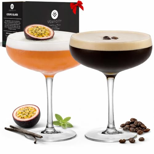 Vemacity Elegante Espresso Martini Gläser| Handgefertigte Cocktailgläser Set | Ideal Champagner Schalen und Champagner Gläser (2er Set Martini Coupe, 300ml)