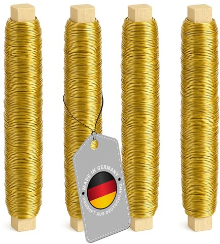 ECENCE 4er Set Blumendraht verzinkt, 0,65mm Basteldraht, Wickeldraht lose auf Holzwickel zur Befestigung von Blumen und Pflanzen, Bindedraht 35m Farbe Gold