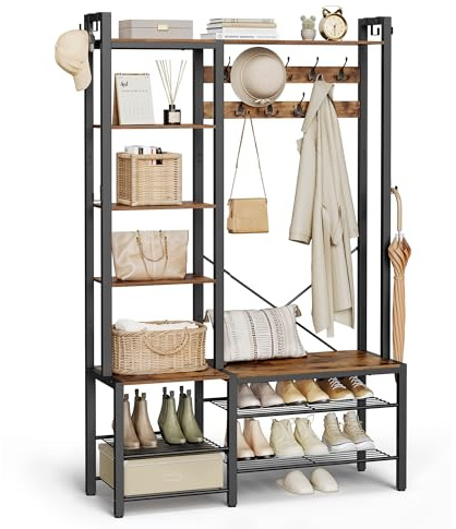VASAGLE Garderobenständer mit Schuhbank, Garderobe, 5 Regalebenen aus Spanplatten, 9 Dreifach-Haken, 6 seitliche Haken, 40 x 120 x 190 cm, vintagebraun-tintenschwarz HSR426B01