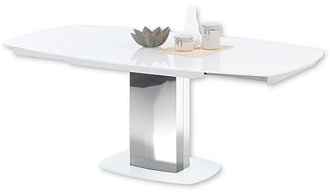 JACKSON Esstisch ausziehbar, Weiß - Säulentisch, 130-190 x 75 x 105 cm | Automatischer beidseitiger Drehauszug, 10 mm Sicherheitsglas, polierter Edelstahl, Esszimmertisch, Wohnzimmertisch