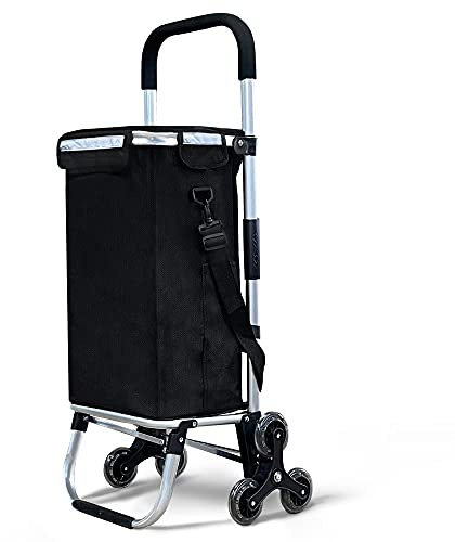 VOUNOT Aluminium Einkaufstrolley Treppensteiger, Trolly Einkaufswagen Klappbar, Hackenporsche mit 6 Räder und Kühlfach, Wasserdicht, 58L, Schwarz