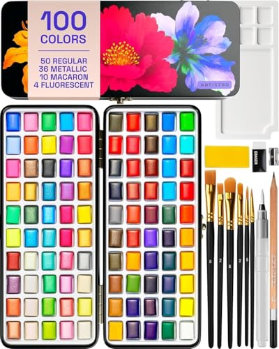 Artistro 100 Aquarellfarben Set – Tragbares Farbset mit Mischpalette und Wassertankpinseln – Reise-Aquarellfarben Set für Erwachsene, Profis und Kinder – Mal- und Künstlerbedarf – Tolles Geschenk