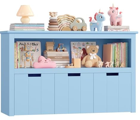 FOREHILL Kinderregal, Kinderzimmer Möbel für Spielzeug Aufbewahrung, Blau | Kinderregal mit 3 Boxen auf Rollen, Spielzeugregal, Kinderkleiderschrank, Regal für Kinderzimmer, Kindergarten, 102x61,5x33cm