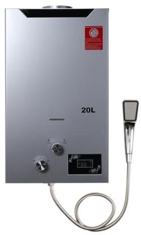 TABODD 40KW 20L Tragbare Gasdurchlauferhitzer Propangas Campingdusche für Außenbereich Warmwasserboiler, Silber