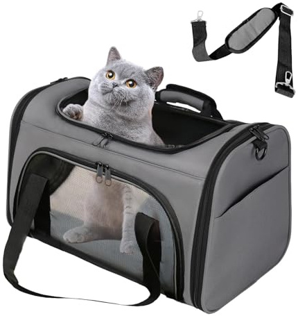 Bibykivn Atmungsaktive Katzentasche, Faltbare Katzentransportbox, Geeignet für Kleine und Mittelgroße Katzen und Hunde, Mehrere Öffnungen Oben, Vorne und an Den Seiten (Grau, L)