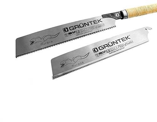 GRÜNTEK Japansäge MURENA inkl. 2 Sägeblätter; japanische Säge, Feinsäge, Kataba saw, Handsäge, Holzsäge | 630mm Länge, 300mm Sägeblatt | Kohlenstoffstahl, 3D-Präzisionszahnung | Handwerk